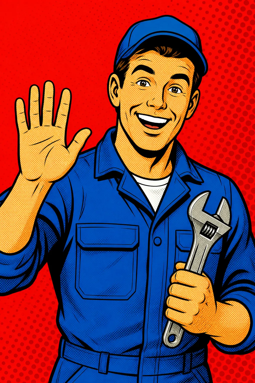 Freundlicher Cartoon-Handwerker in blauer Arbeitskleidung